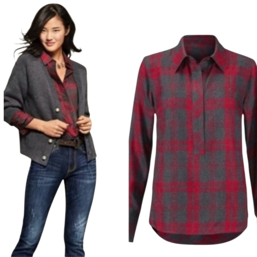 CAbi Red and Gray Plaid Button‑Down Shirt